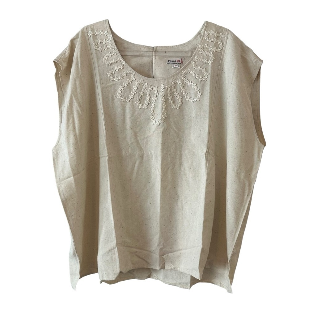 NWT Lim's vintage cap sleeve cream / tan oversized top with embroidered neckline